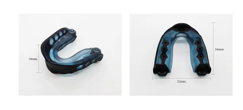 Boxing Sanda mouth guard with silicone double density, transparent lock box, and black colour option on white background