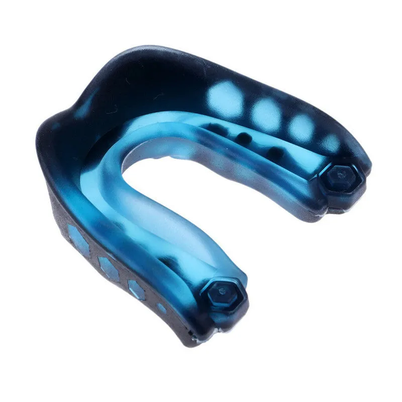 Boxing Sanda mouth guard with silicone double density, transparent lock box, and black colour option on white background