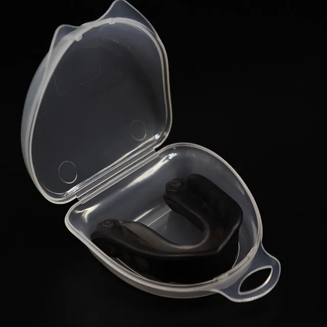 Boxing Sanda mouth guard with silicone double density, transparent lock box, and black colour option on white background