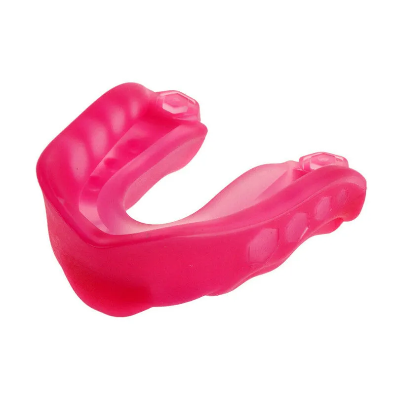 Boxing Sanda mouth guard with silicone double density, transparent lock box, and black colour option on white background