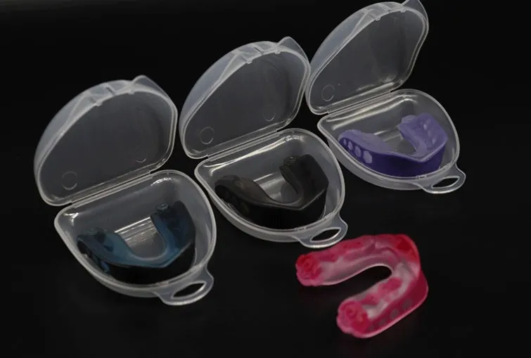 Boxing Sanda mouth guard with silicone double density, transparent lock box, and black colour option on white background