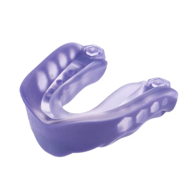 Boxing Sanda mouth guard with silicone double density, transparent lock box, and black colour option on white background