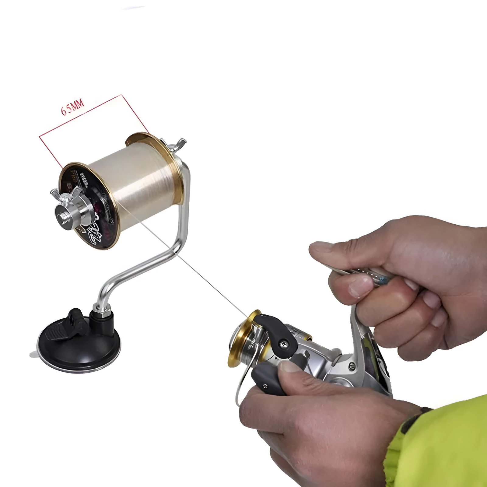 Silver aluminium fishing reel winder line spooler with adjustable tension and suction cup base