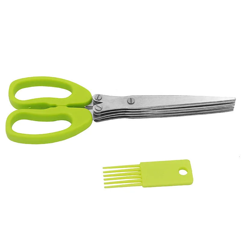 Green stainless steel five-layer kitchen scissors for chopping green onions and seaweed