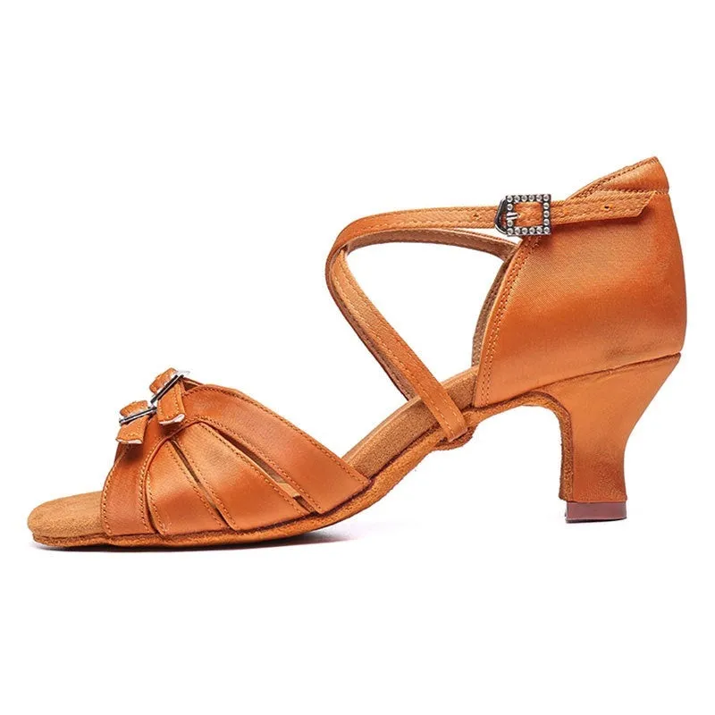 Latin dance high heel shoes with real silk upper, leather sole, and soft bottom in black, brown, and skin colour, 5.5cm and 7.5cm heel