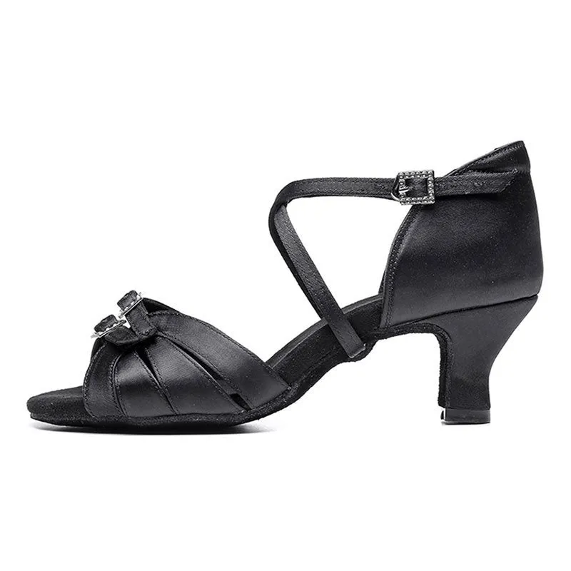 Latin dance high heel shoes with real silk upper, leather sole, and soft bottom in black, brown, and skin colour, 5.5cm and 7.5cm heel
