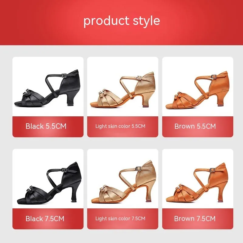 Latin dance high heel shoes with real silk upper, leather sole, and soft bottom in black, brown, and skin colour, 5.5cm and 7.5cm heel