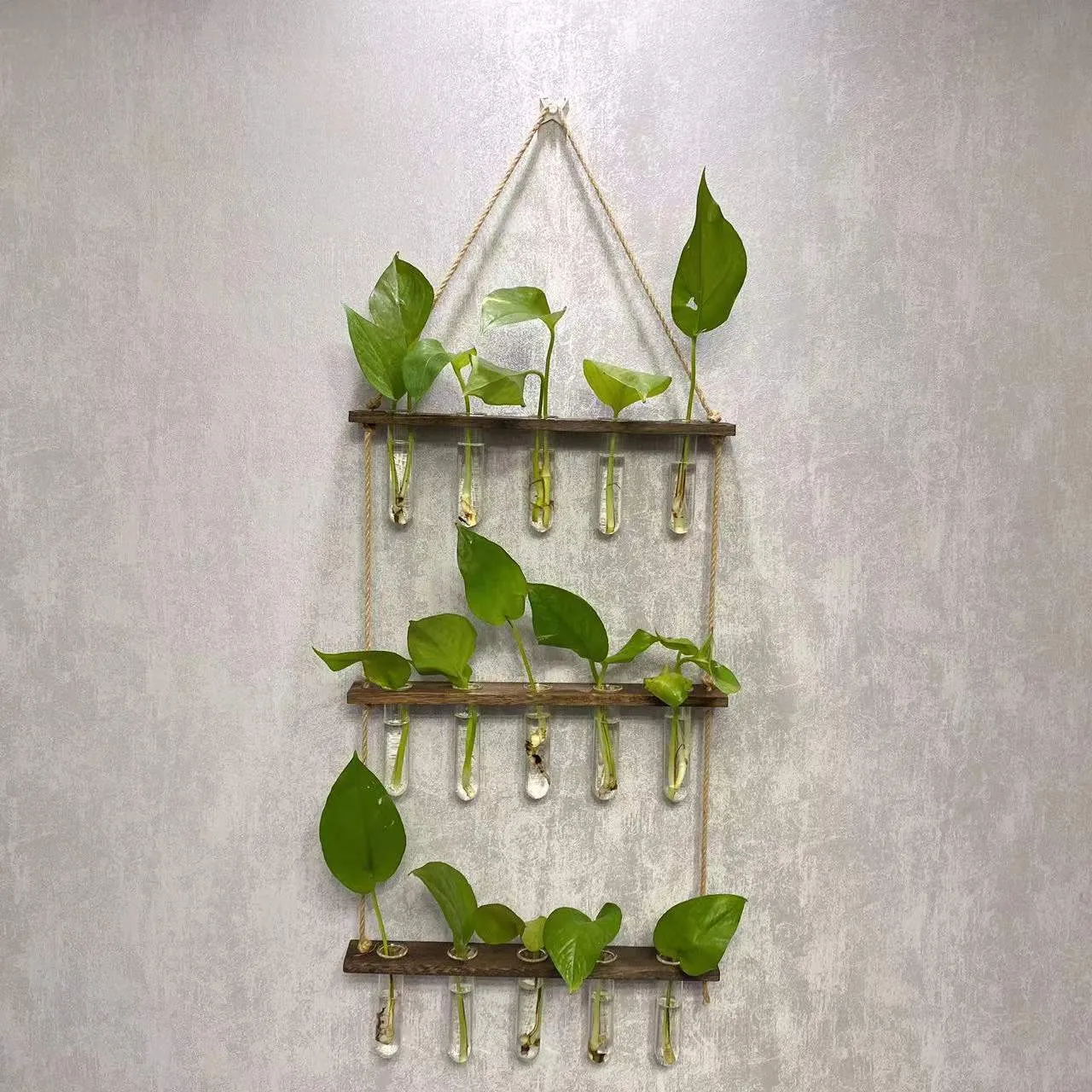 Three-layer 15-tube hydroponic wall hanging vase in retro colour with borosilicate glass and wooden frame