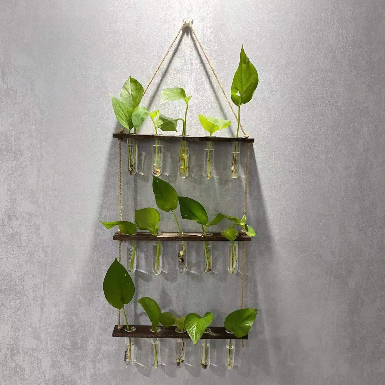 Three-layer 15-tube hydroponic wall hanging vase in retro colour with borosilicate glass and wooden frame