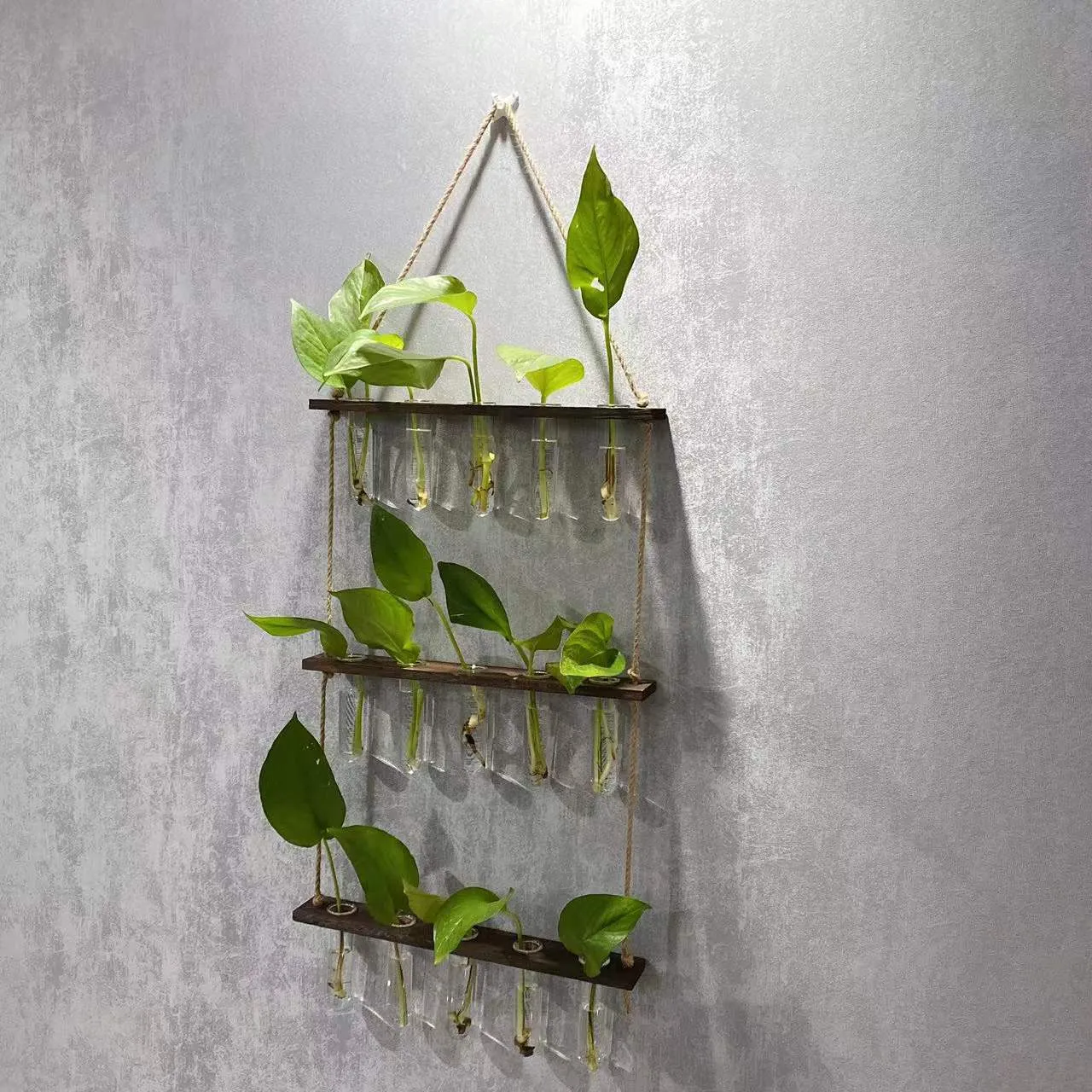 Three-layer 15-tube hydroponic wall hanging vase in retro colour with borosilicate glass and wooden frame