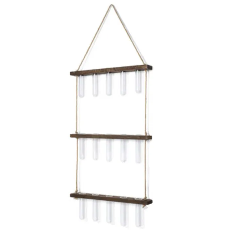 Three-layer 15-tube hydroponic wall hanging vase in retro colour with borosilicate glass and wooden frame