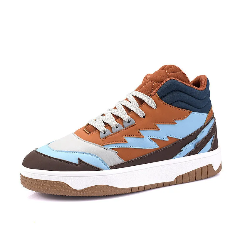 Men's casual high-top lace-up sneakers in brown artificial leather with round toe and rubber sole