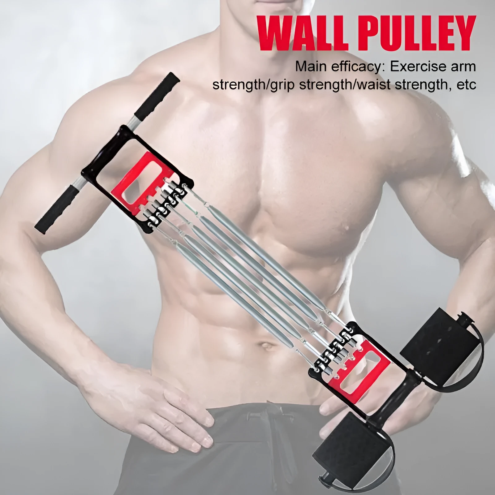 Spring multifunctional tension device with chest expander, arm strength trainer, and grip device in Rally colour, on white background