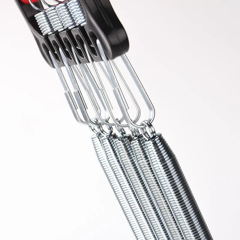 Spring multifunctional tension device with chest expander, arm strength trainer, and grip device in Rally colour, on white background