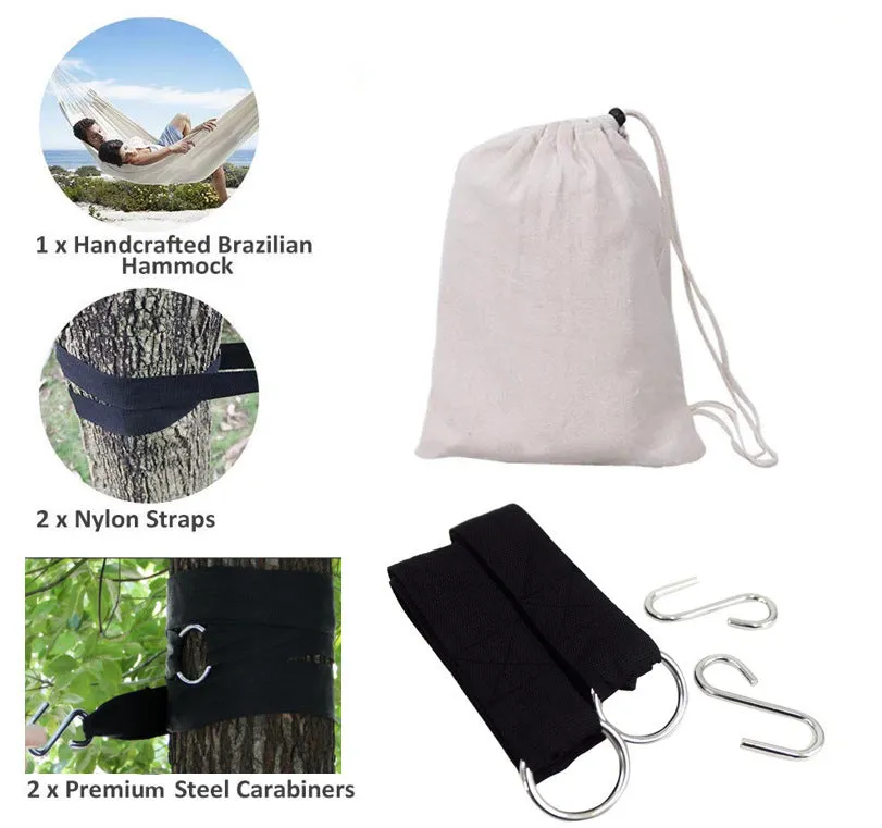 Cotton camping hammock with tree strap for outdoor backpacking and garden relaxation