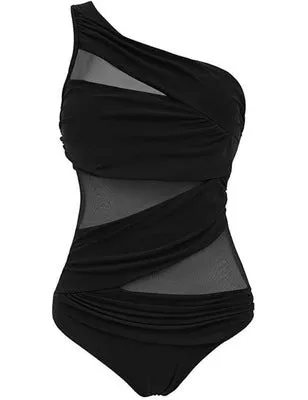 Women's plus size solid colour one-piece nylon swimsuit with chest pad in black, blue, and red
