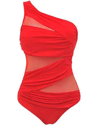 Women's plus size solid colour one-piece nylon swimsuit with chest pad in black, blue, and red
