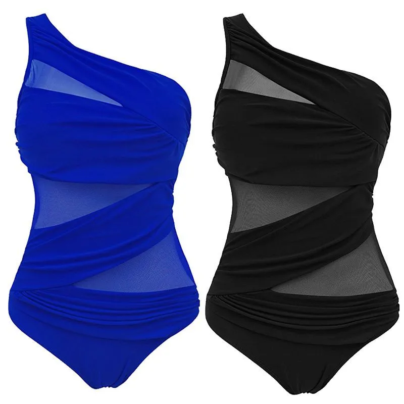Women's plus size solid colour one-piece nylon swimsuit with chest pad in black, blue, and red