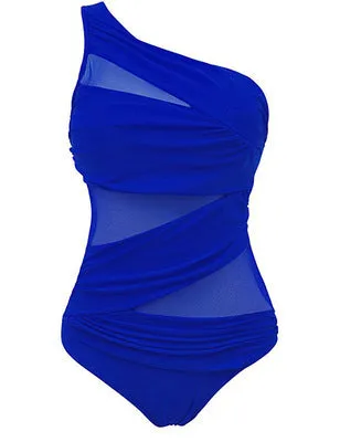 Women's plus size solid colour one-piece nylon swimsuit with chest pad in black, blue, and red