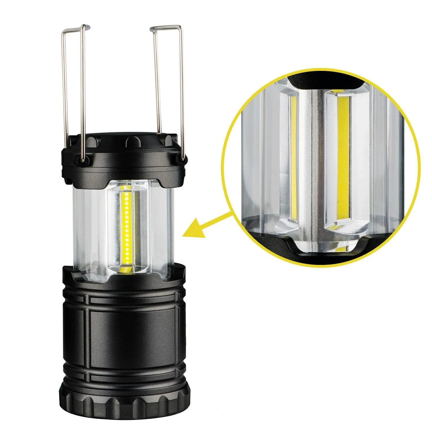 Multifunctional COB camping lantern in gold with solar panel, telescopic body, and stainless steel fold-away handles