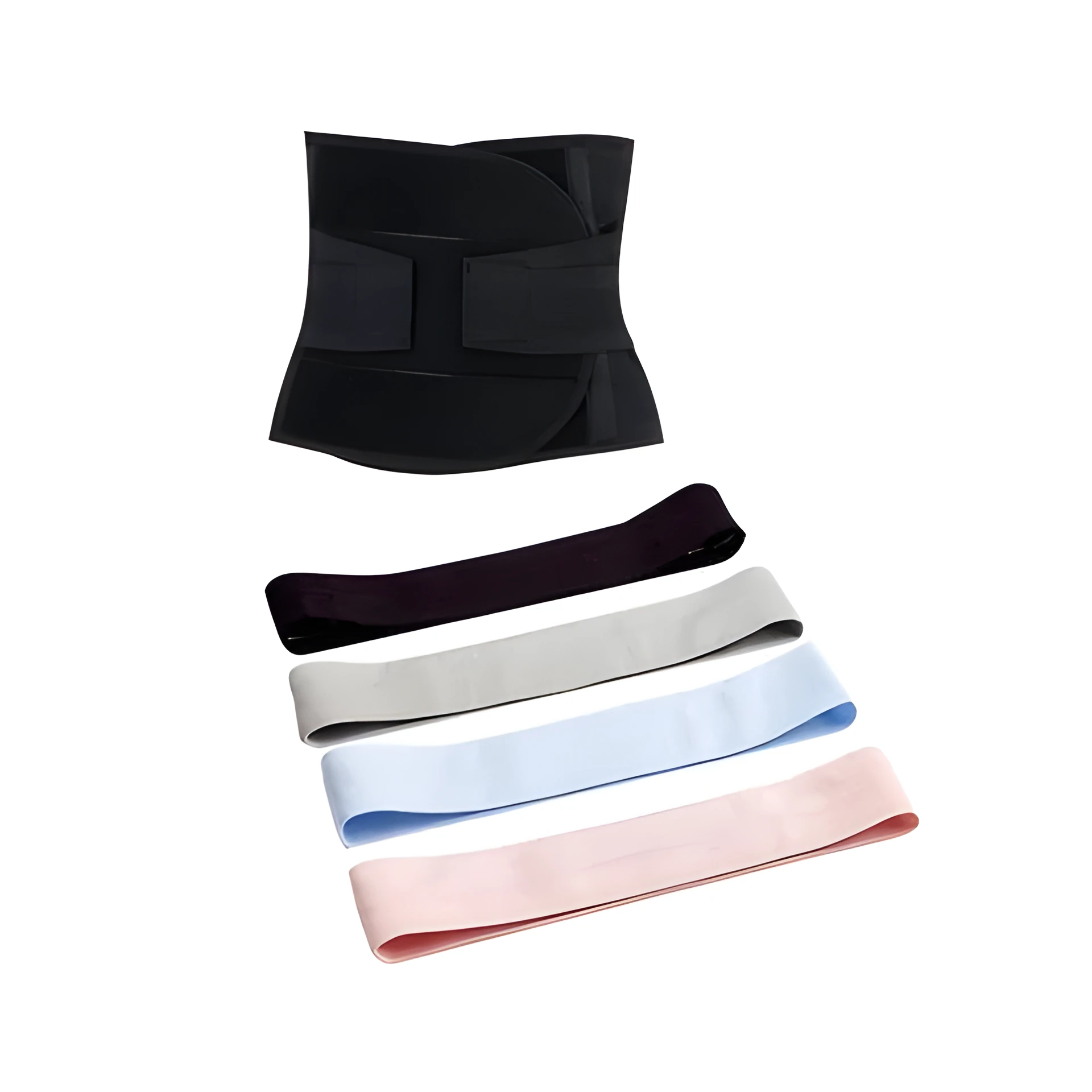 Women sports equipment set includes black waistband, resistance band, ankle strap, and jump rope for home workouts