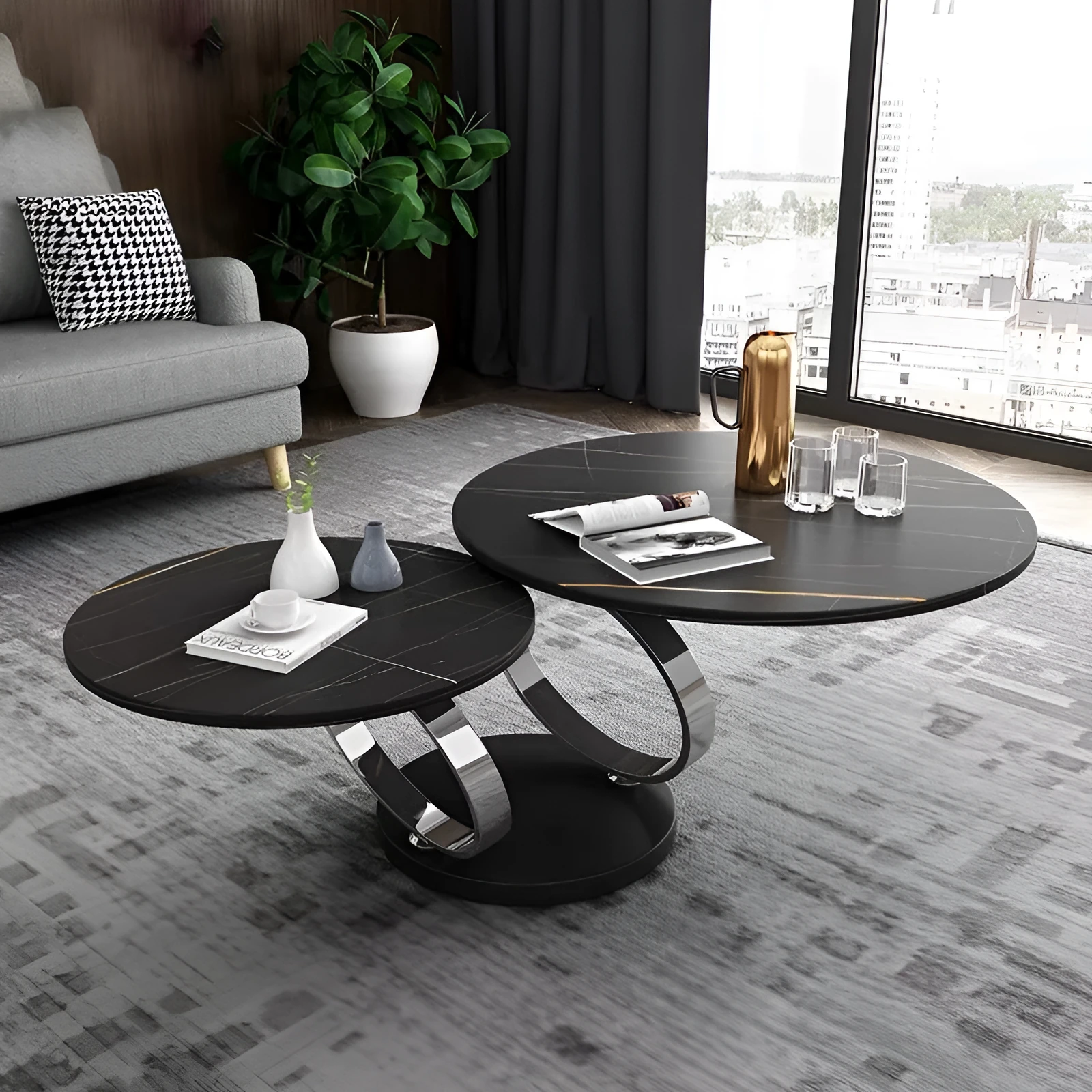 Round rotary retractable folding dining table with slate top in black and white colour option