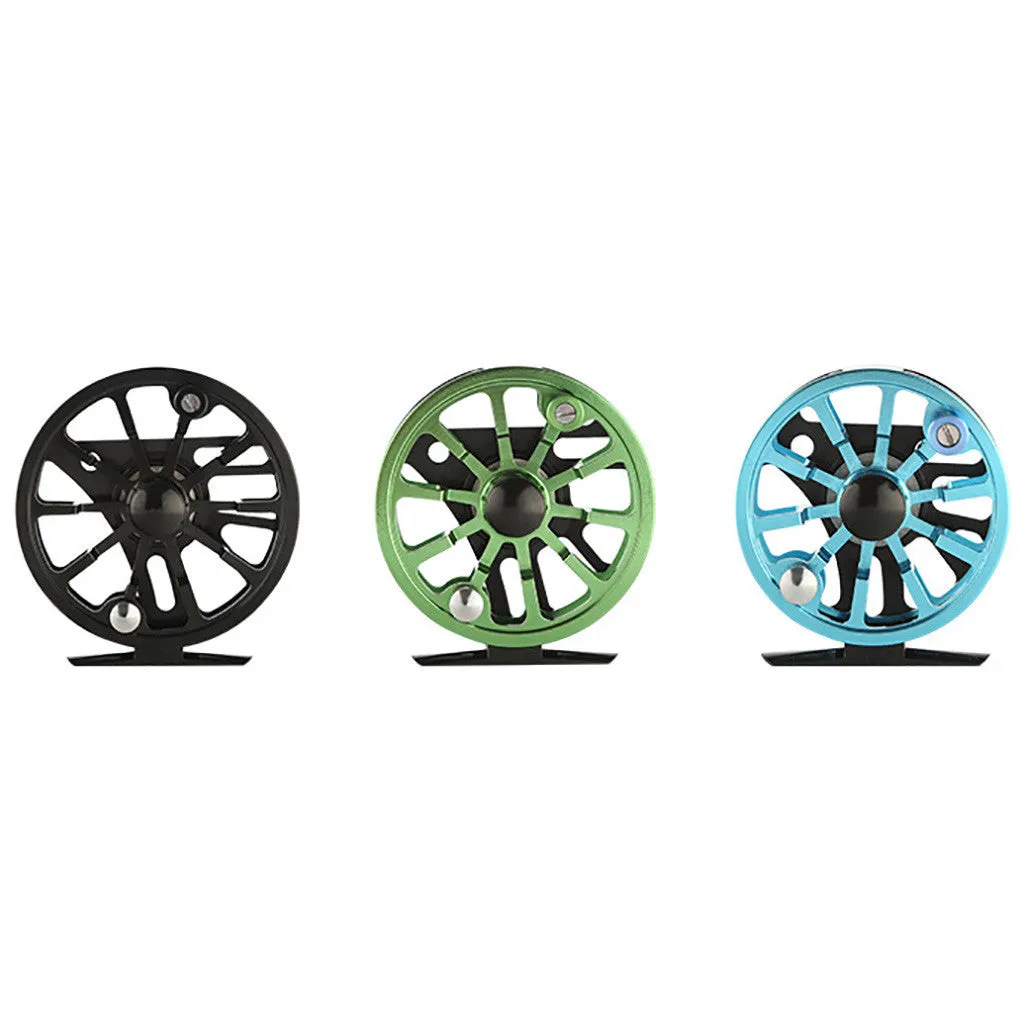 Fly fishing reel with CNC aluminium coil in blue, black, and green colour options