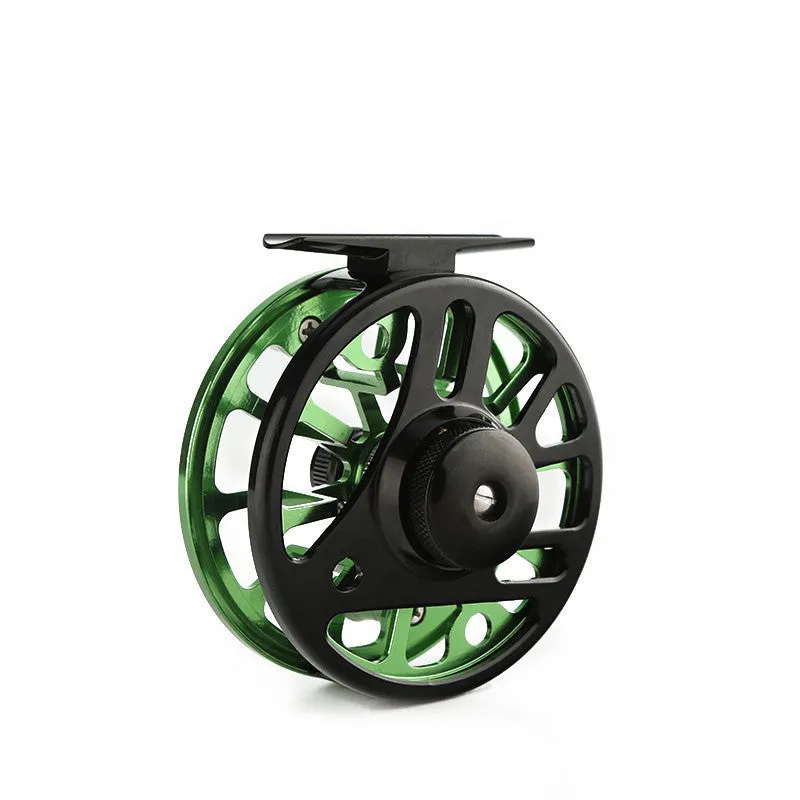 Fly fishing reel with CNC aluminium coil in blue, black, and green colour options