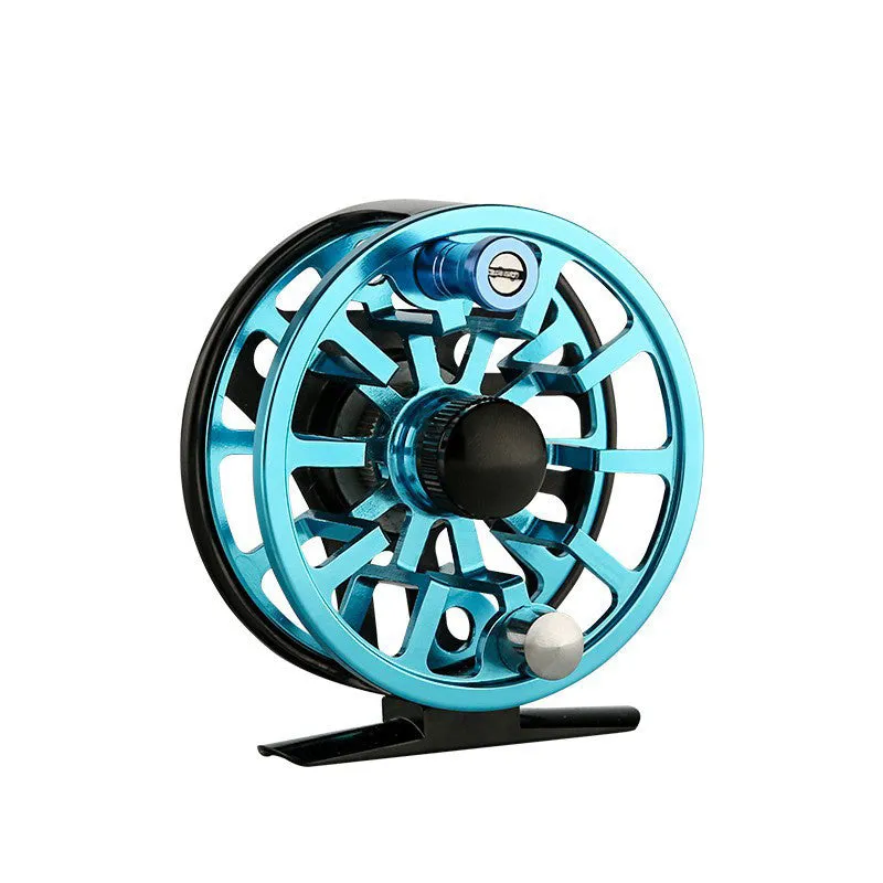 Fly fishing reel with CNC aluminium coil in blue, black, and green colour options