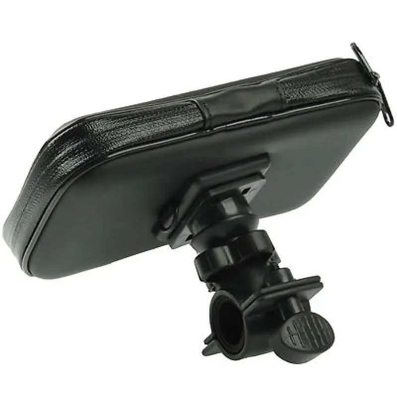 Black bicycle motorcycle phone holder waterproof case with silicone net showing phone secured on handlebar