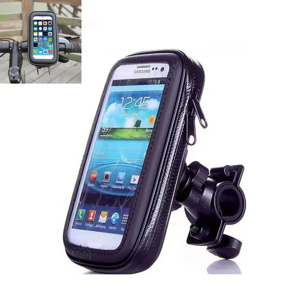 Black bicycle motorcycle phone holder waterproof case with silicone net showing phone secured on handlebar