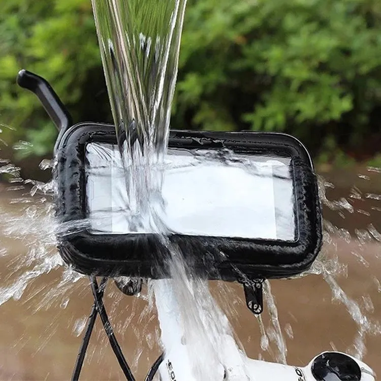 Black bicycle motorcycle phone holder waterproof case with silicone net showing phone secured on handlebar