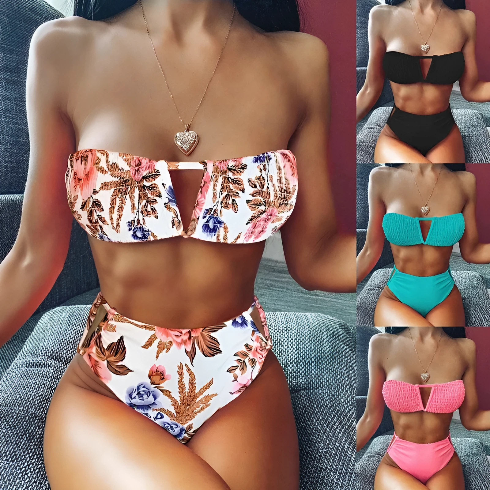 Stretchy nylon bikini set in black with matching top and bottom for women
