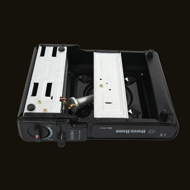 Outdoor windproof portable cassette stove in black plastic case with piezoelectric ignition and safety device