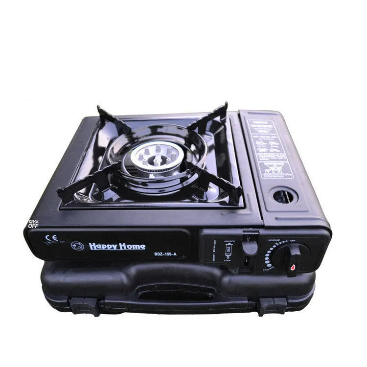 Outdoor windproof portable cassette stove in black plastic case with piezoelectric ignition and safety device