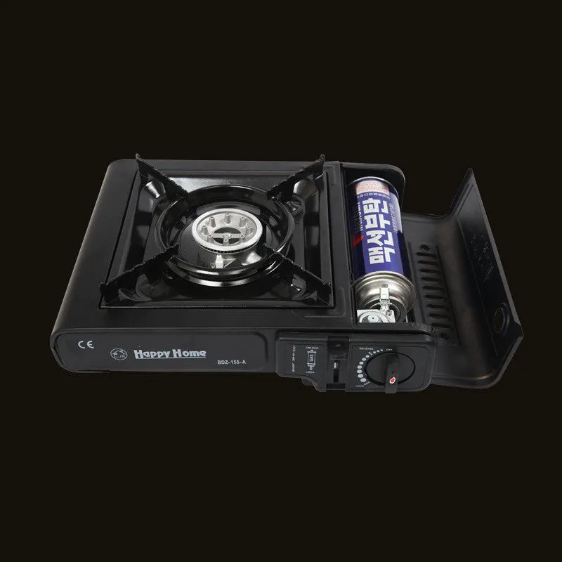 Outdoor windproof portable cassette stove in black plastic case with piezoelectric ignition and safety device