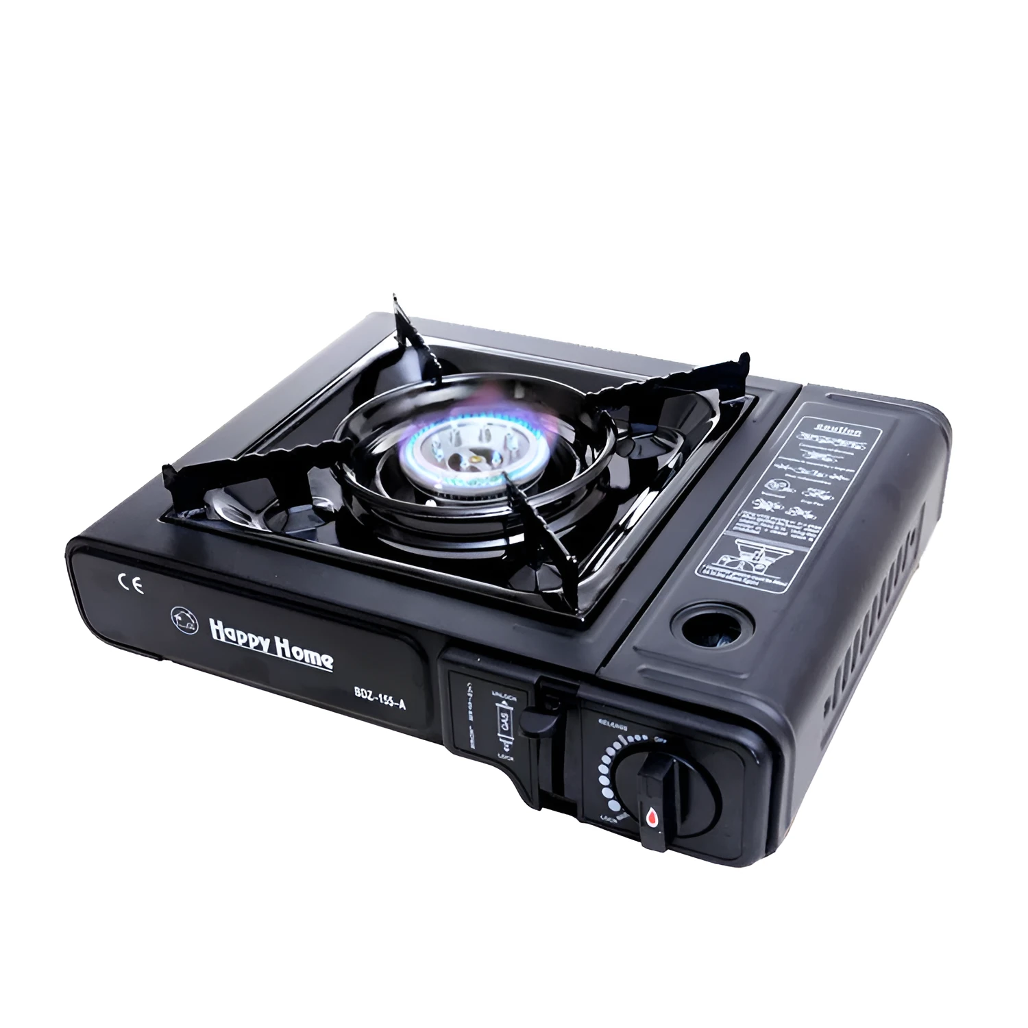 Outdoor windproof portable cassette stove in black plastic case with piezoelectric ignition and safety device