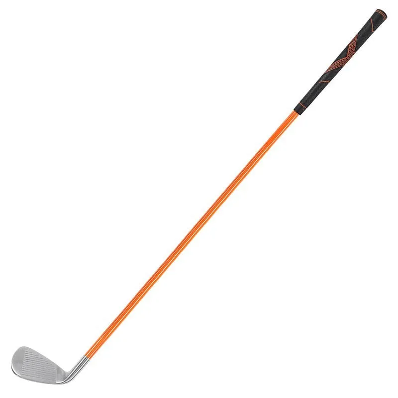 Golf iron swing trainer with orange soft iron club, compact size for home practice