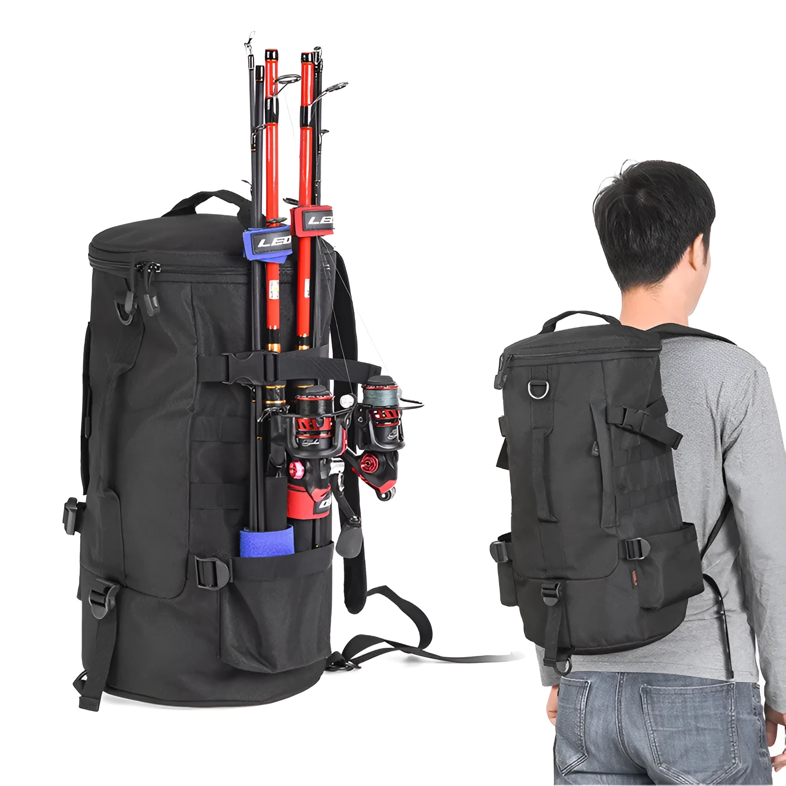 Black cylinder fishing tackle backpack 23L polyester with dual shoulder straps