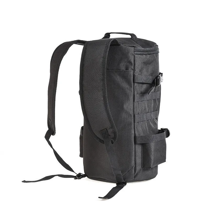 Black cylinder fishing tackle backpack 23L polyester with dual shoulder straps