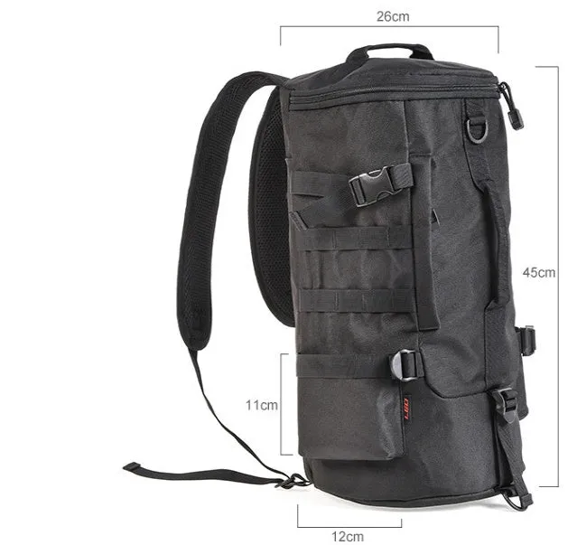 Black cylinder fishing tackle backpack 23L polyester with dual shoulder straps