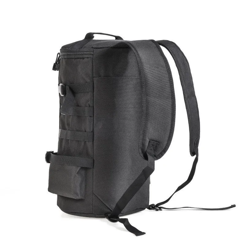 Black cylinder fishing tackle backpack 23L polyester with dual shoulder straps
