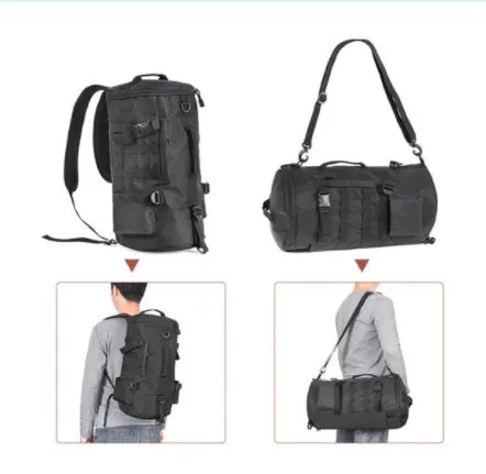 Black cylinder fishing tackle backpack 23L polyester with dual shoulder straps