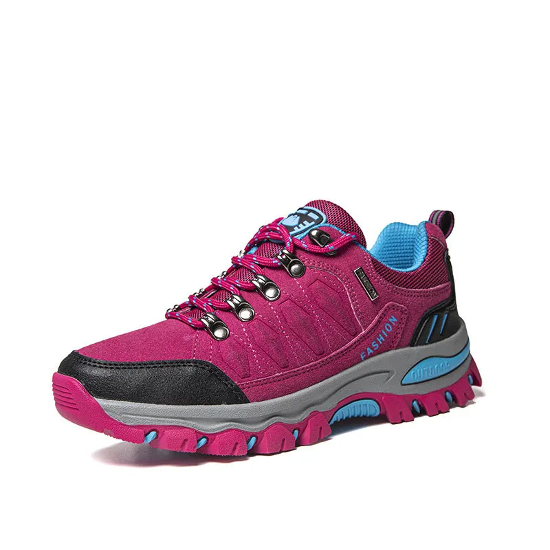 Breathable low top hiking shoes PU mesh upper rubber sole purple grey rose red sizes 36 to 44