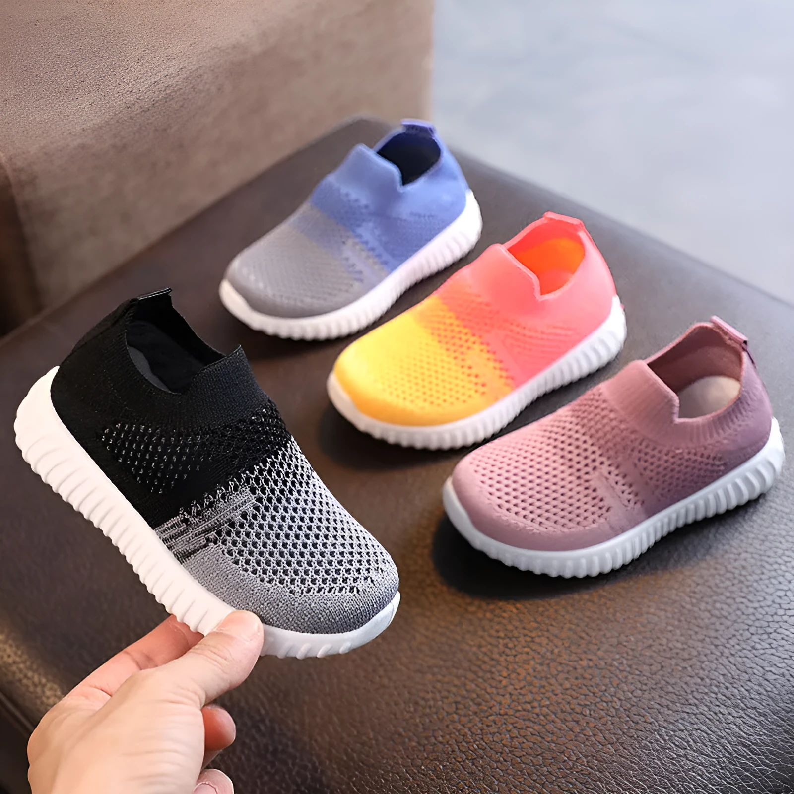 Multicolor knitted fabric kids sneakers with breathable upper, plastic sole, sizes 22-33