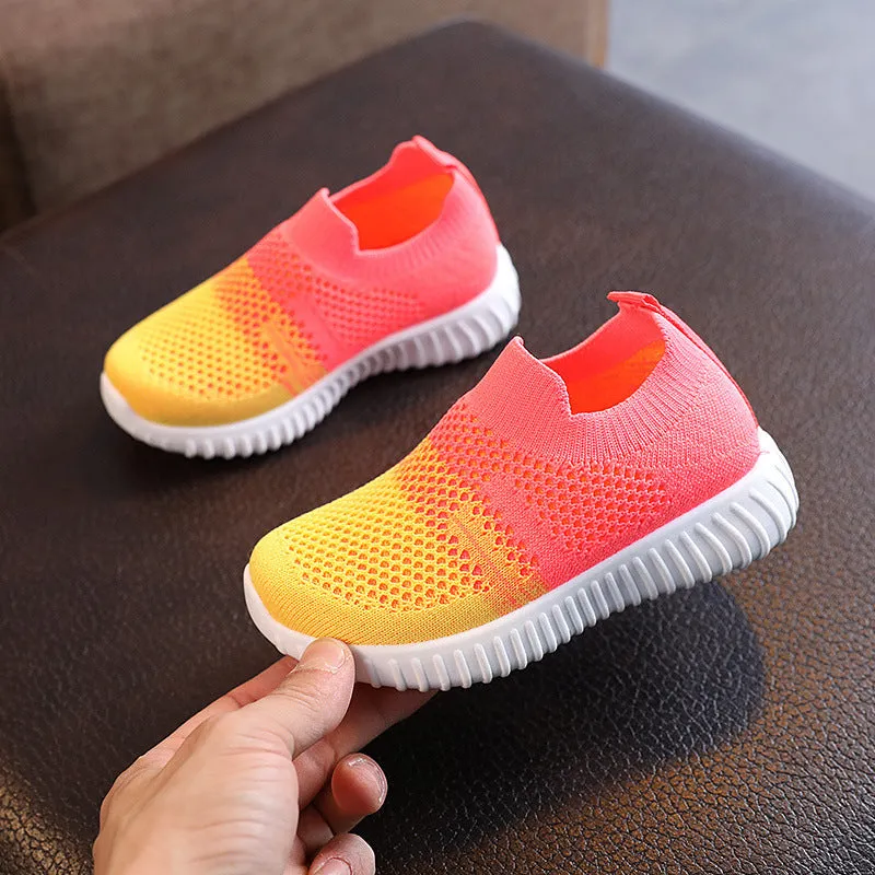 Multicolor knitted fabric kids sneakers with breathable upper, plastic sole, sizes 22-33