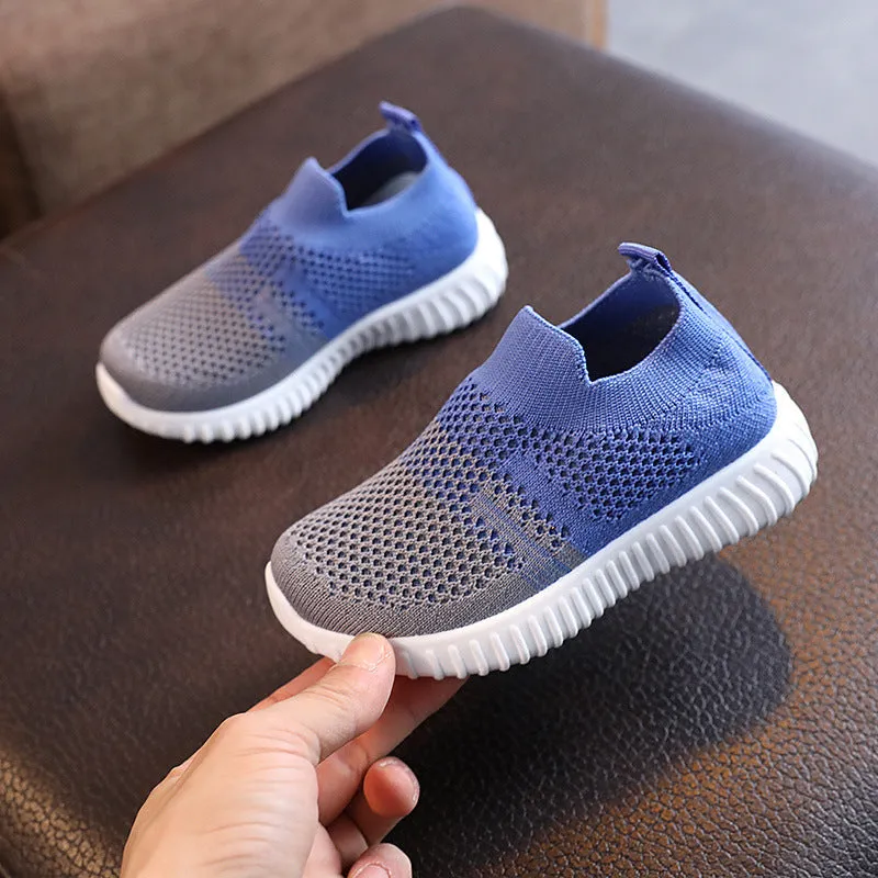 Multicolor knitted fabric kids sneakers with breathable upper, plastic sole, sizes 22-33