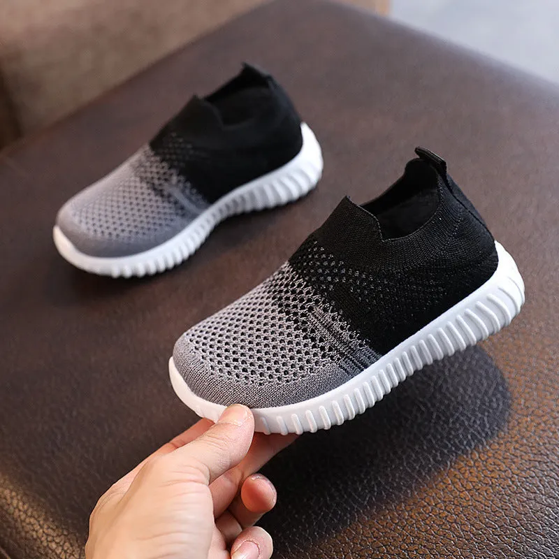 Multicolor knitted fabric kids sneakers with breathable upper, plastic sole, sizes 22-33