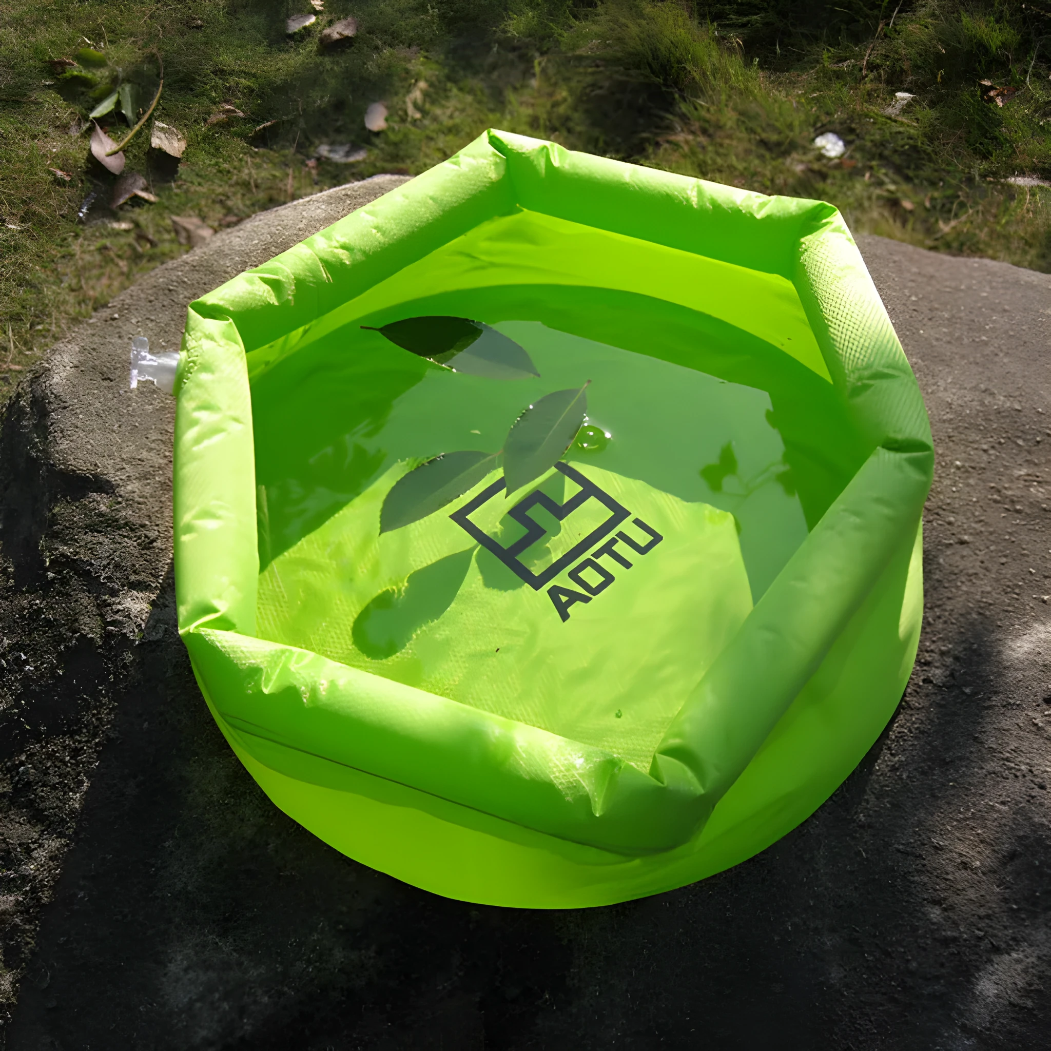 Outdoor folding washbasin bucket, plastic, 30cm diameter, available in blue and green, folded flat view