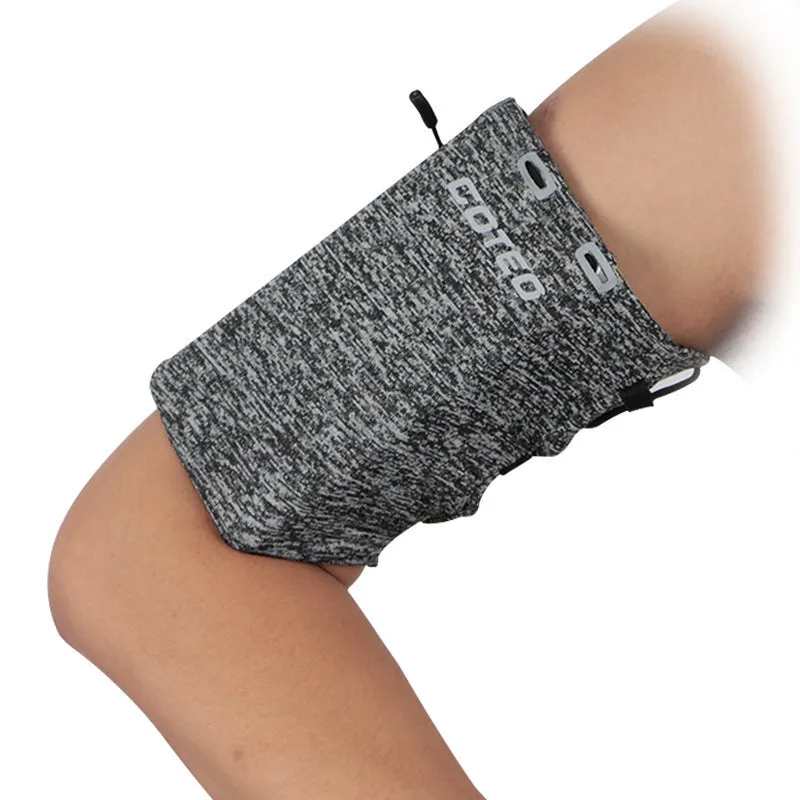 Outdoor sports phone arm holder with adjustable elastic cord, dual pockets, black colour on a white background